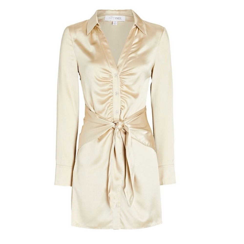 Intermix Melissa Tie Front Silk Mini Button Down Dress - Champagne, Size 0